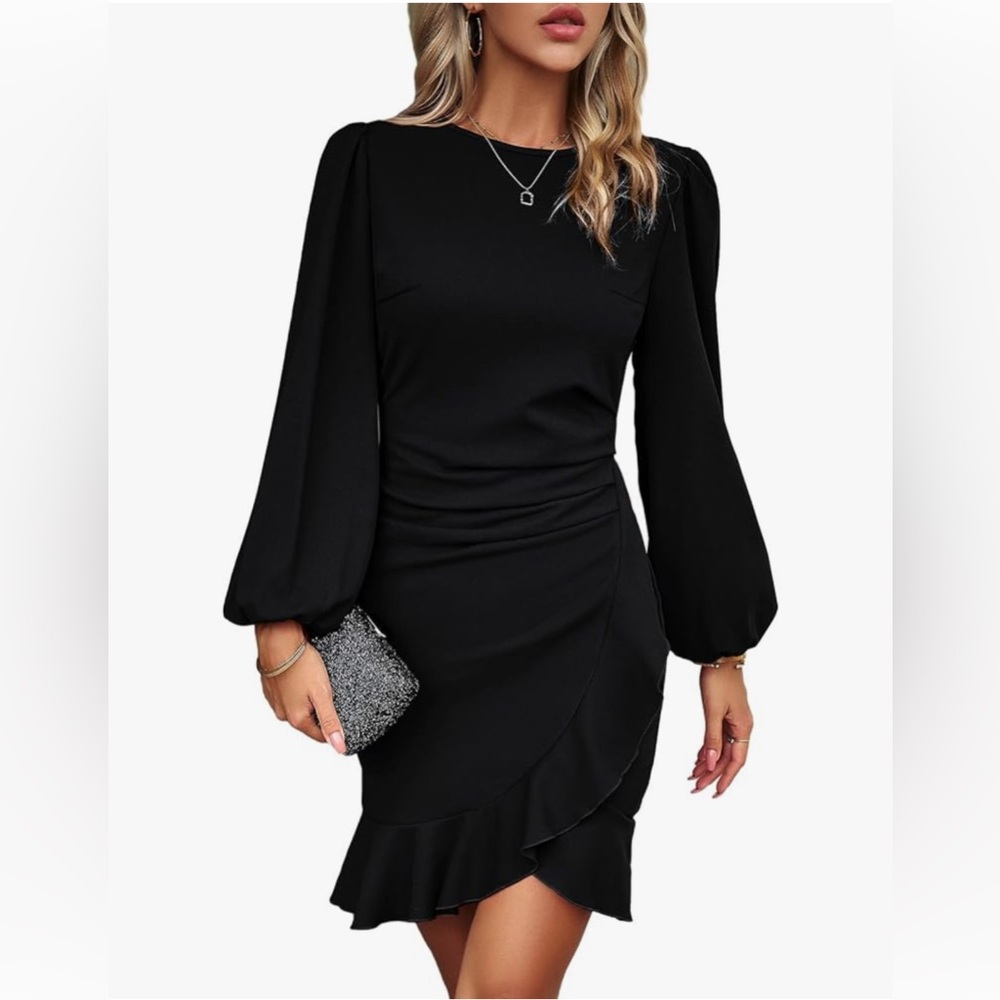 NWT! XL, Women's Long Sleeves Mini Dress Ruched Puff Sleeve Ruffle Hem